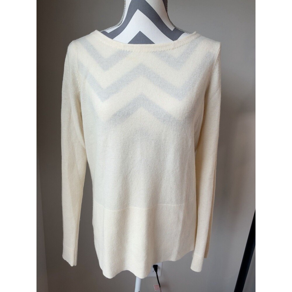 Halston Heritage Medium Cream Cashmere Wool Low Back Deep V Sweater Off-White